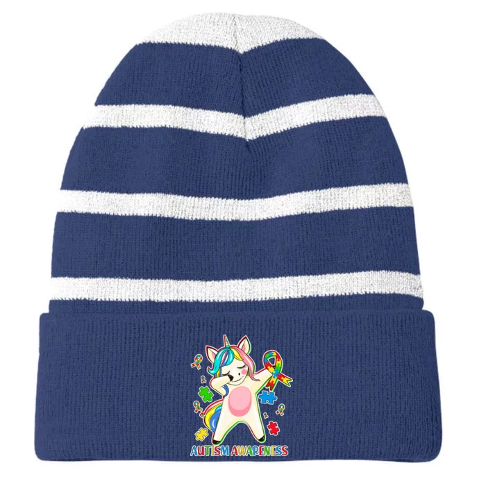 Autism Awareness Dabbing Unicorn Striped Beanie with Solid Band