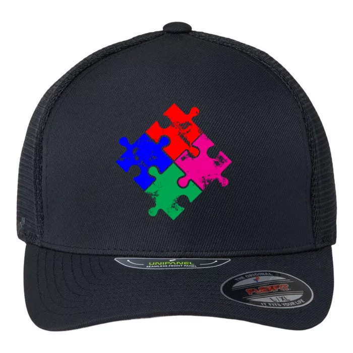 Autism Awareness Distressed Puzzle Pieces Flexfit Unipanel Trucker Cap