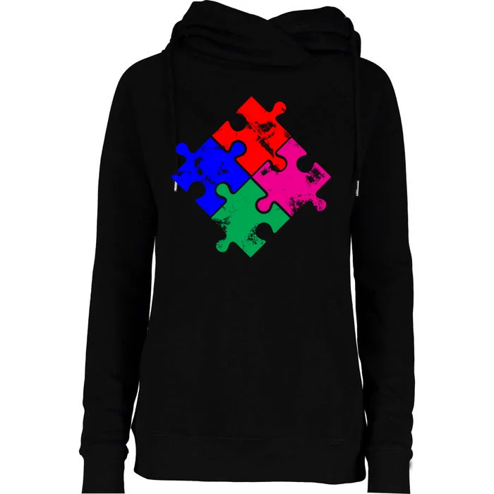 Autism Awareness Distressed Puzzle Pieces Womens Funnel Neck Pullover Hood