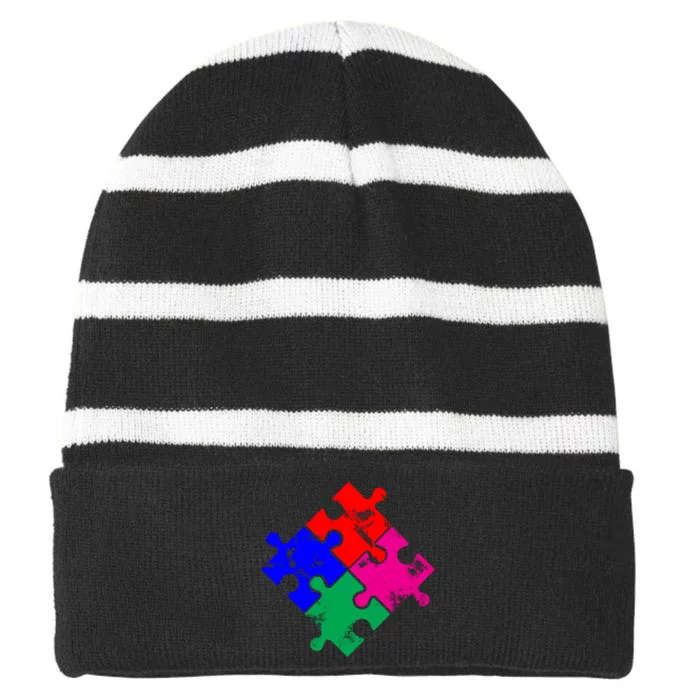 Autism Awareness Distressed Puzzle Pieces Striped Beanie with Solid Band