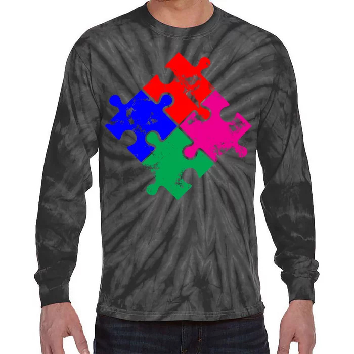 Autism Awareness Distressed Puzzle Pieces Tie-Dye Long Sleeve Shirt