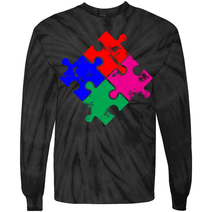 Autism Awareness Distressed Puzzle Pieces Tie-Dye Long Sleeve Shirt