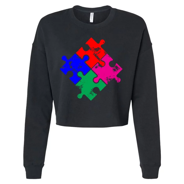 Autism Awareness Distressed Puzzle Pieces Cropped Pullover Crew