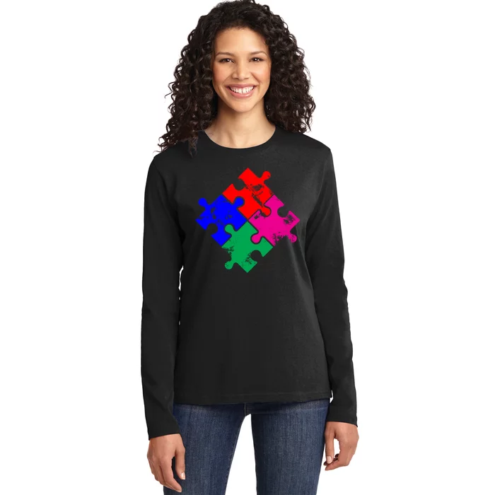 Autism Awareness Distressed Puzzle Pieces Ladies Long Sleeve Shirt