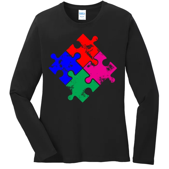 Autism Awareness Distressed Puzzle Pieces Ladies Long Sleeve Shirt