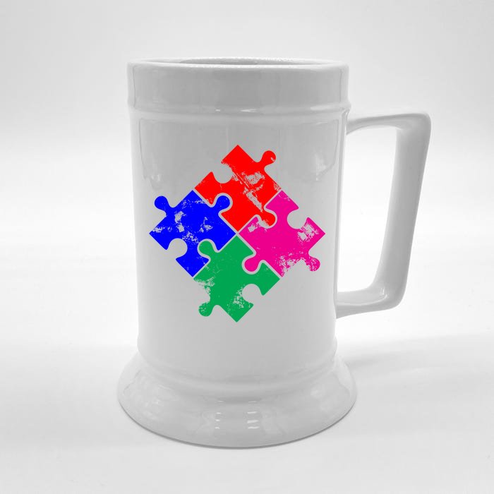 Autism Awareness Distressed Puzzle Pieces Front & Back Beer Stein