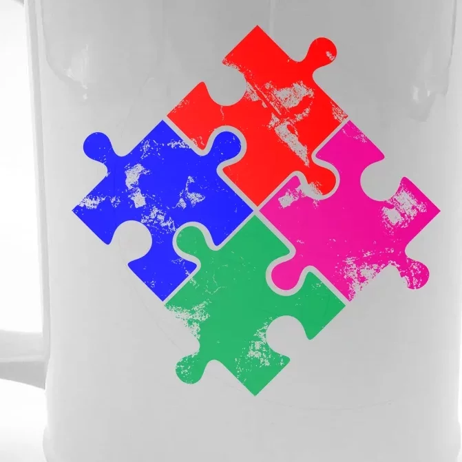 Autism Awareness Distressed Puzzle Pieces Front & Back Beer Stein