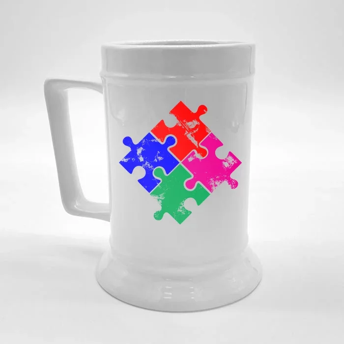 Autism Awareness Distressed Puzzle Pieces Front & Back Beer Stein