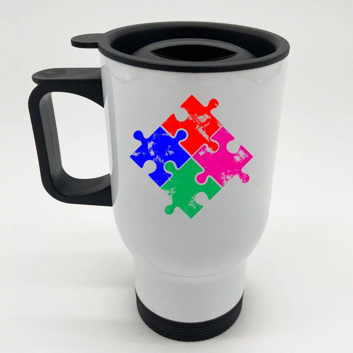 Autism Awareness Distressed Puzzle Pieces Front & Back Stainless Steel Travel Mug