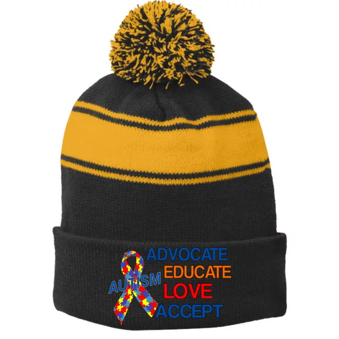 Autism Awareness Educate Stripe Pom Pom Beanie