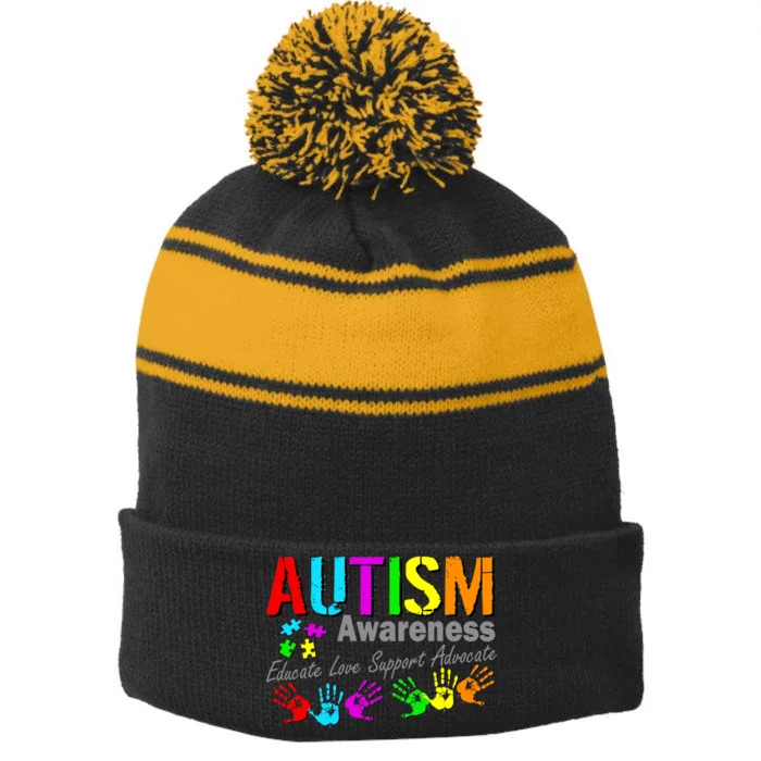 Autism Awareness Educate Love Support Advocate Stripe Pom Pom Beanie