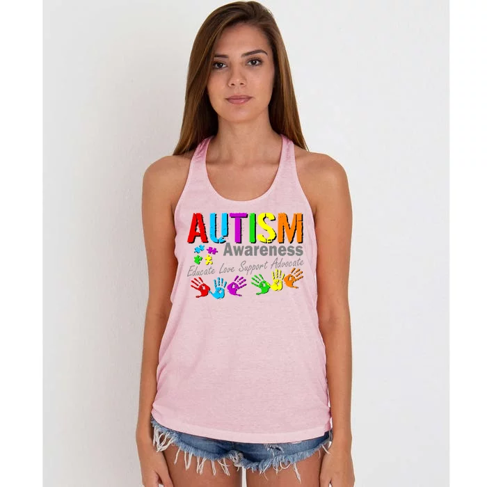 Autism Awareness Educate Love Support Advocate Women's Knotted Racerback Tank