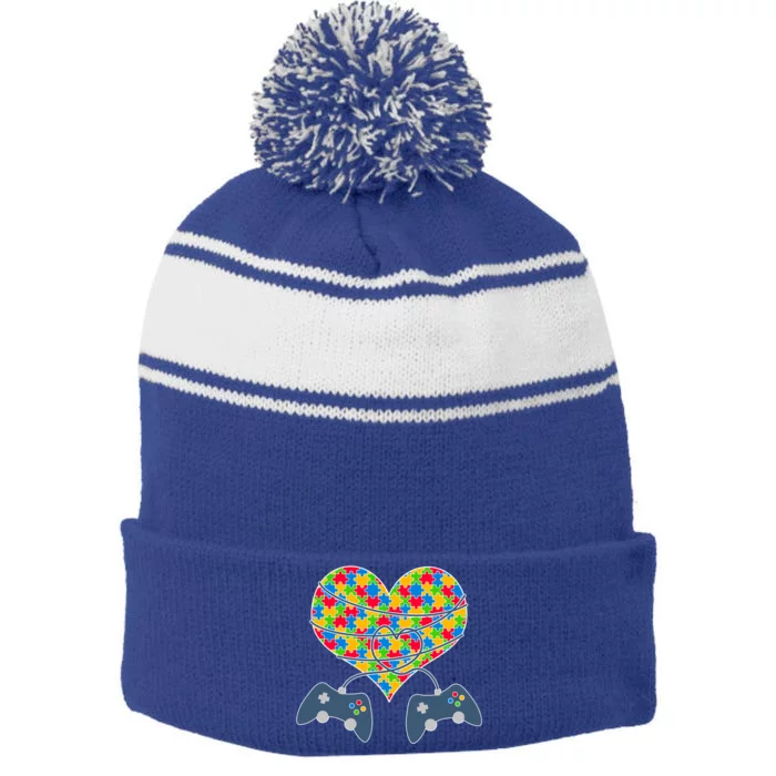 Autism Awareness Gamer Love Stripe Pom Pom Beanie