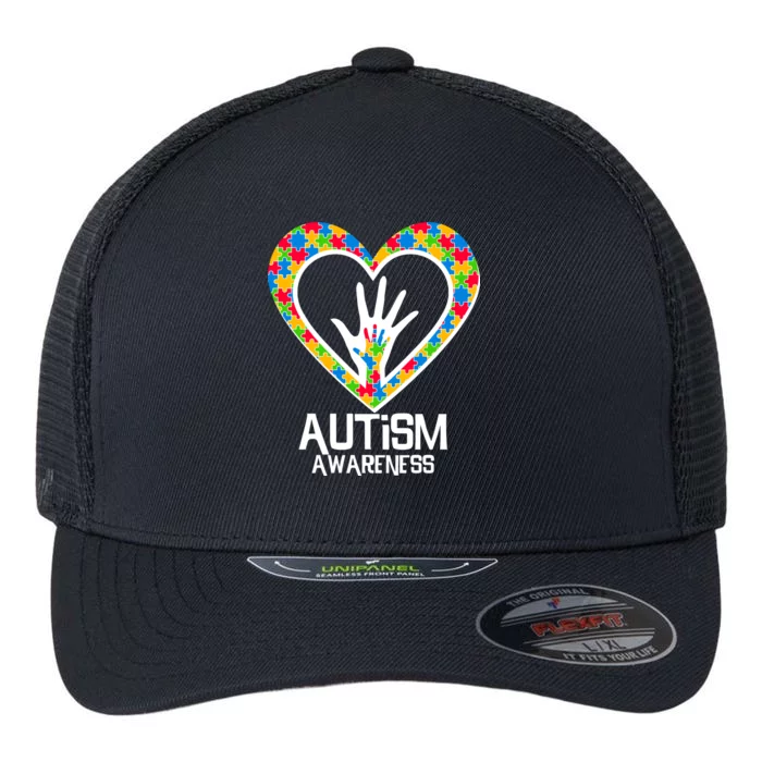 Autism Awareness Holding Hands Heart Puzzle Flexfit Unipanel Trucker Cap