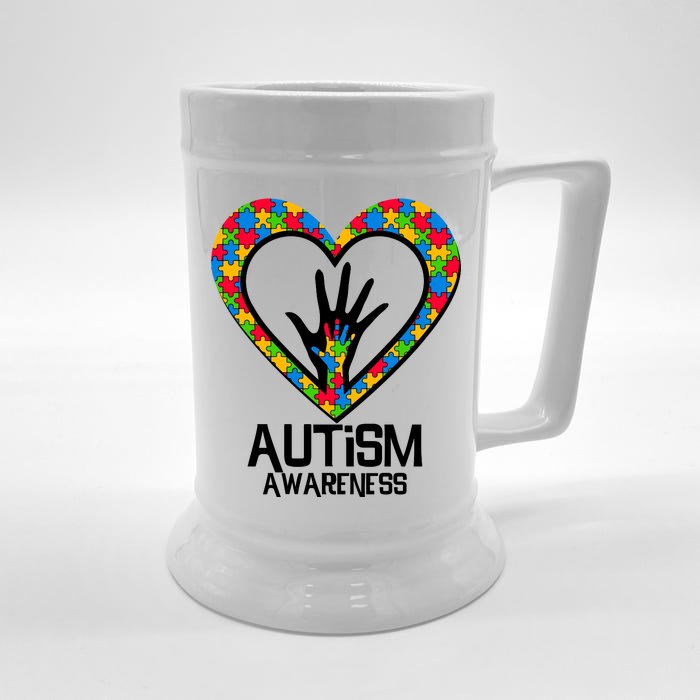 Autism Awareness Holding Hands Heart Puzzle Front & Back Beer Stein