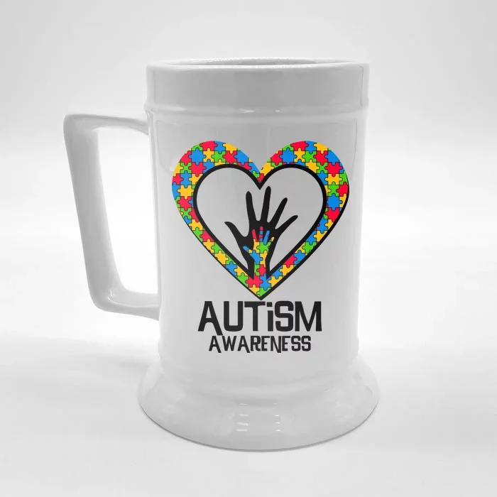 Autism Awareness Holding Hands Heart Puzzle Front & Back Beer Stein