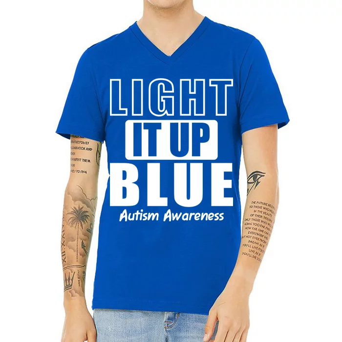 Autism Awareness Light It Up Blue Text Logo V-Neck T-Shirt