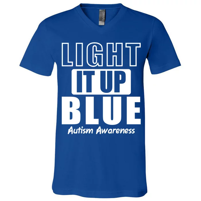 Autism Awareness Light It Up Blue Text Logo V-Neck T-Shirt