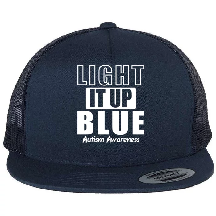 Autism Awareness Light It Up Blue Text Logo Flat Bill Trucker Hat