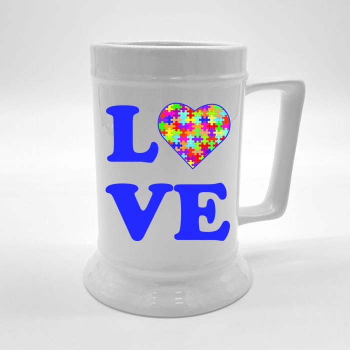 Autism Awareness Love Heart Puzzle Pieces Front & Back Beer Stein