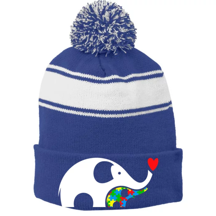 Autism Awareness Mother Baby Elephant Stripe Pom Pom Beanie