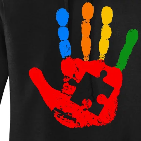 Autism Awareness Painted Hand Puzzle Piece Women's Pullover Hoodie