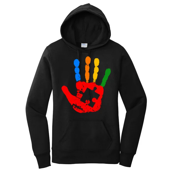 Autism Awareness Painted Hand Puzzle Piece Women's Pullover Hoodie