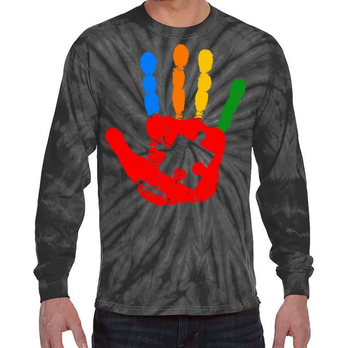 Autism Awareness Painted Hand Puzzle Piece Tie-Dye Long Sleeve Shirt