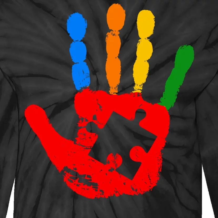 Autism Awareness Painted Hand Puzzle Piece Tie-Dye Long Sleeve Shirt