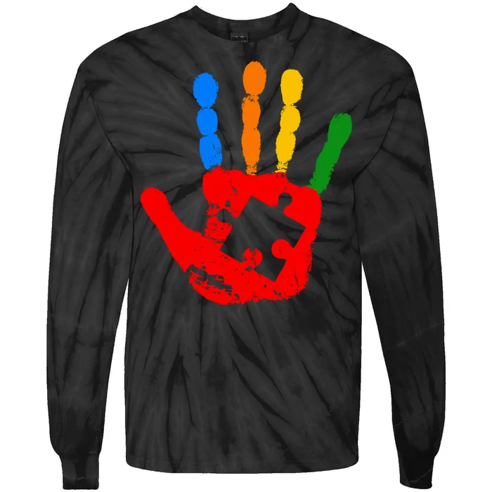 Autism Awareness Painted Hand Puzzle Piece Tie-Dye Long Sleeve Shirt