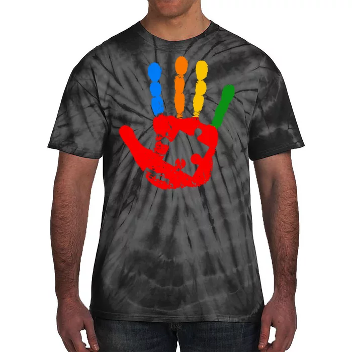 Autism Awareness Painted Hand Puzzle Piece Tie-Dye T-Shirt