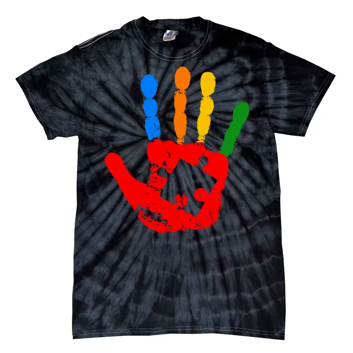 Autism Awareness Painted Hand Puzzle Piece Tie-Dye T-Shirt