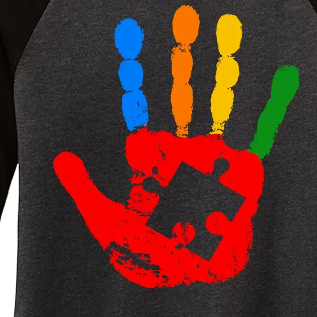 Autism Awareness Painted Hand Puzzle Piece Women's Tri-Blend 3/4-Sleeve Raglan Shirt