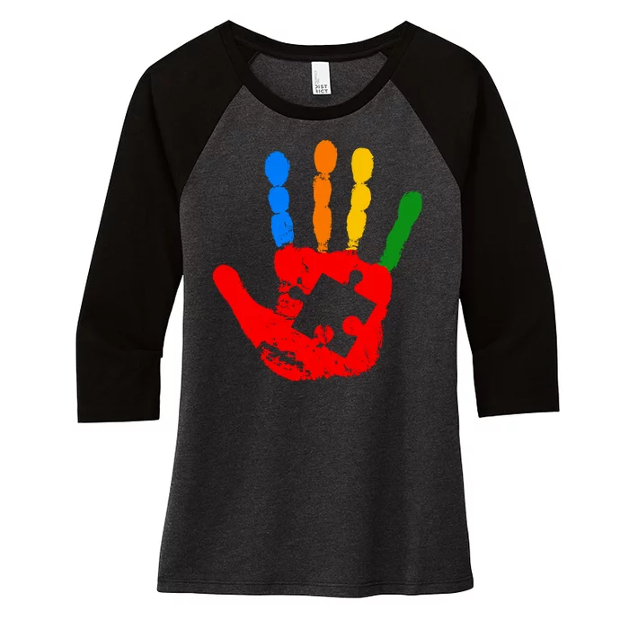 Autism Awareness Painted Hand Puzzle Piece Women's Tri-Blend 3/4-Sleeve Raglan Shirt