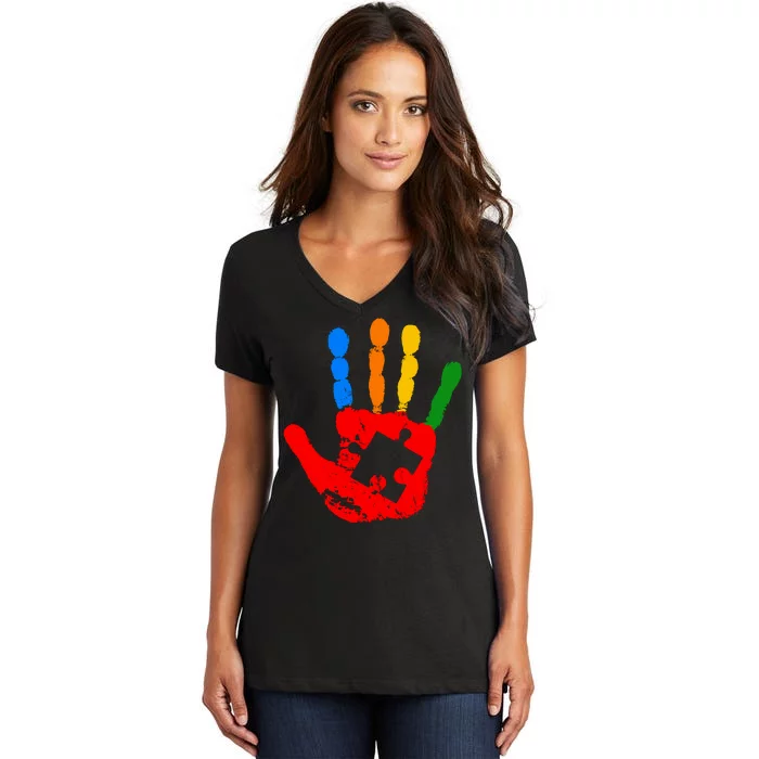 Autism Awareness Painted Hand Puzzle Piece Women's V-Neck T-Shirt