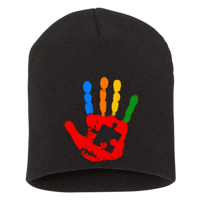 Autism Awareness Painted Hand Puzzle Piece Short Acrylic Beanie