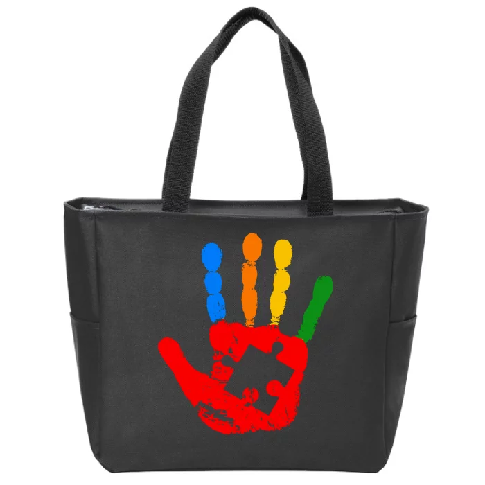 Autism Awareness Painted Hand Puzzle Piece Zip Tote Bag