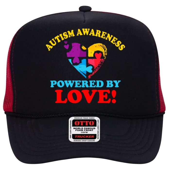 Autism Awareness Powered By Love Puzzle Heart High Crown Mesh Trucker Hat