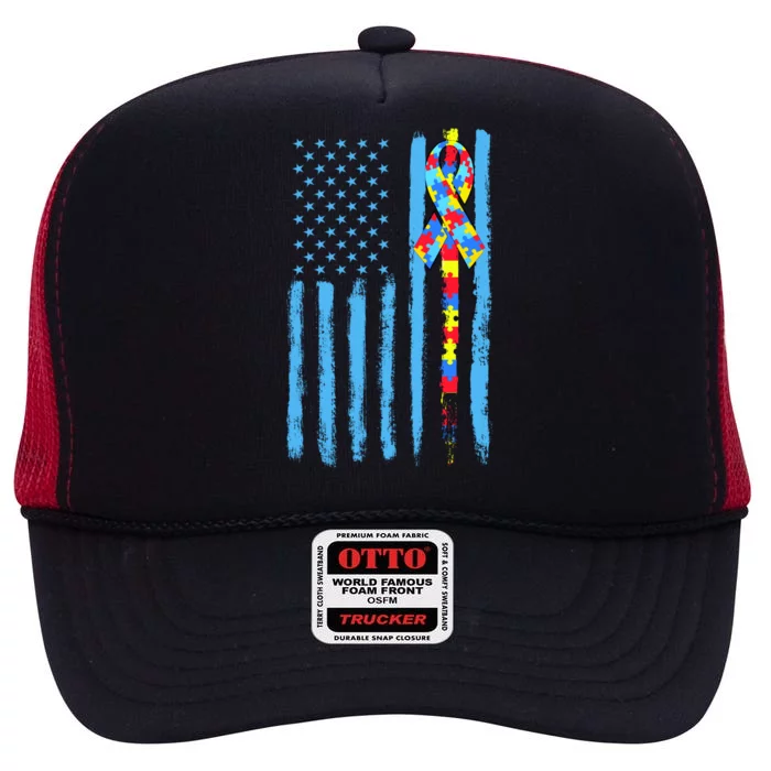 Autism Awareness Puzzle American Flag High Crown Mesh Trucker Hat