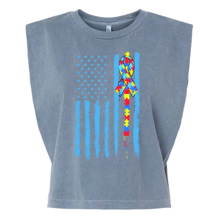 Autism Awareness Puzzle American Flag Garment-Dyed Women's Muscle Tee