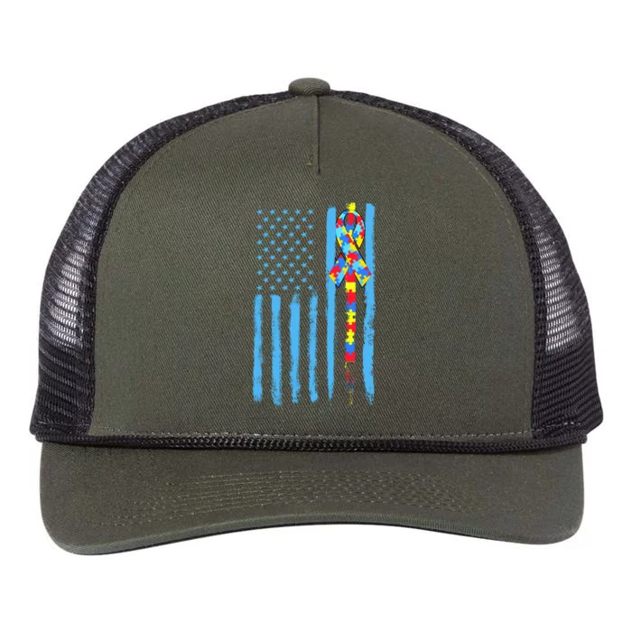 Autism Awareness Puzzle American Flag Retro Rope Trucker Hat Cap