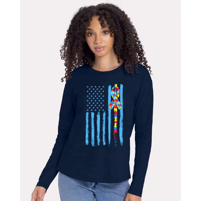 Autism Awareness Puzzle American Flag Womens Cotton Relaxed Long Sleeve T-Shirt