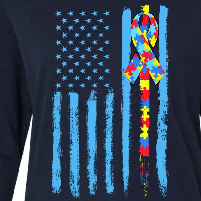 Autism Awareness Puzzle American Flag Womens Cotton Relaxed Long Sleeve T-Shirt