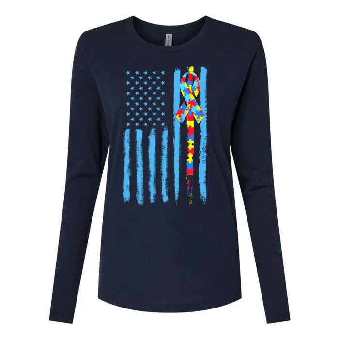 Autism Awareness Puzzle American Flag Womens Cotton Relaxed Long Sleeve T-Shirt