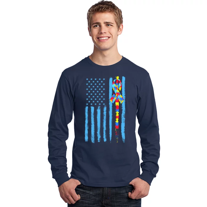 Autism Awareness Puzzle American Flag Long Sleeve Shirt