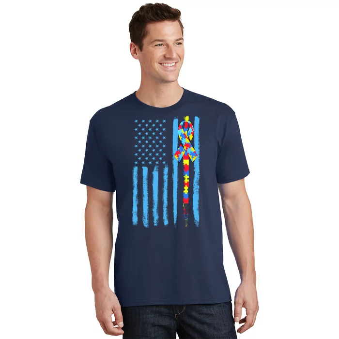 Autism Awareness Puzzle American Flag T-Shirt