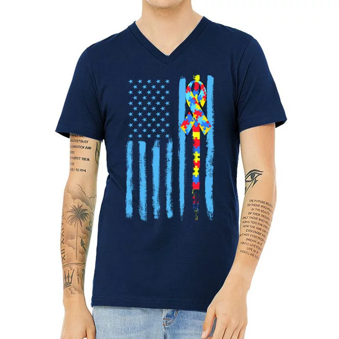 Autism Awareness Puzzle American Flag V-Neck T-Shirt