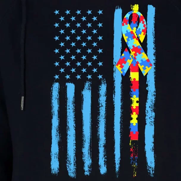 Autism Awareness Puzzle American Flag Womens Funnel Neck Pullover Hood