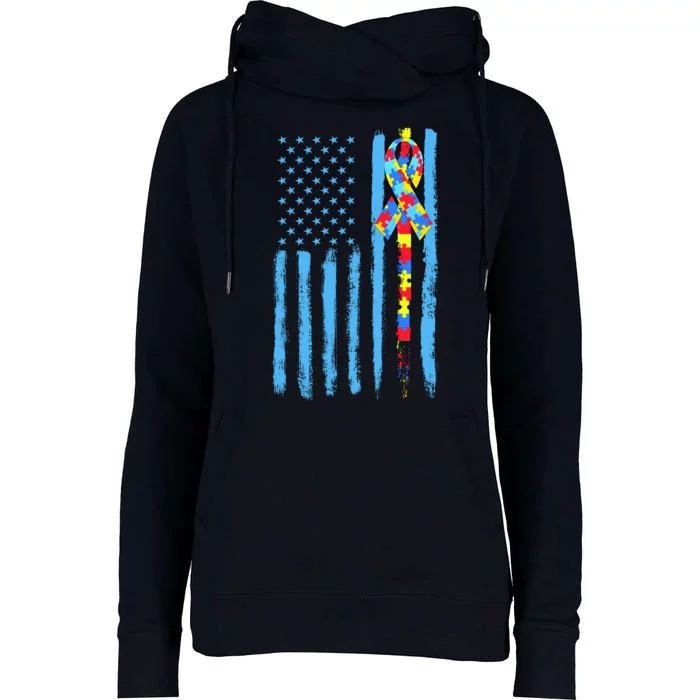 Autism Awareness Puzzle American Flag Womens Funnel Neck Pullover Hood