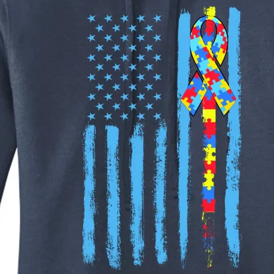 Autism Awareness Puzzle American Flag Women's Pullover Hoodie